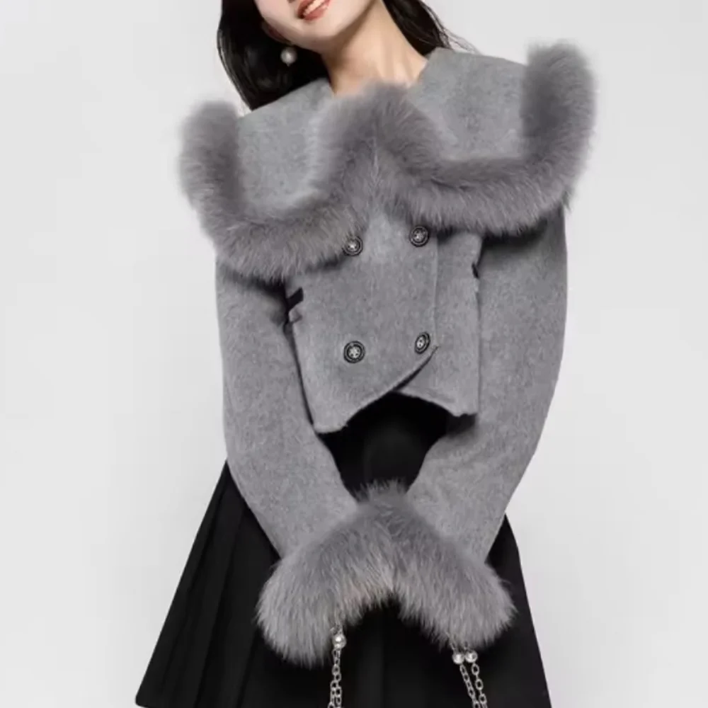 Real Fox Fur Woolen Jacket Women - Picture 2 of 5